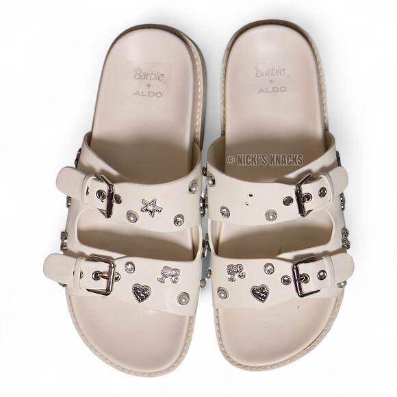Barbie x ALDO White Embellished Slide Sandals Double Strap Slip On Size 7.5 - Picture 8 of 12
